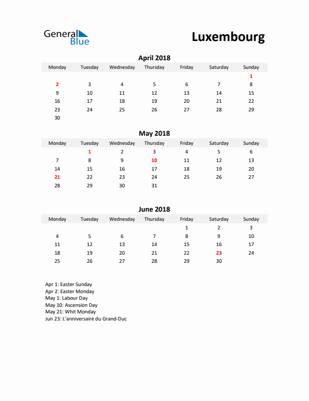 Printable Quarterly Calendar with Notes and Luxembourg Holidays- Q2 of 2018