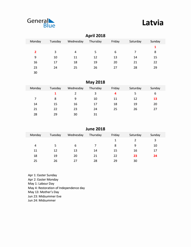 Printable Quarterly Calendar with Notes and Latvia Holidays- Q2 of 2018