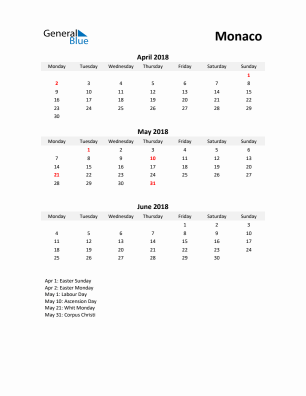 Printable Quarterly Calendar with Notes and Monaco Holidays- Q2 of 2018