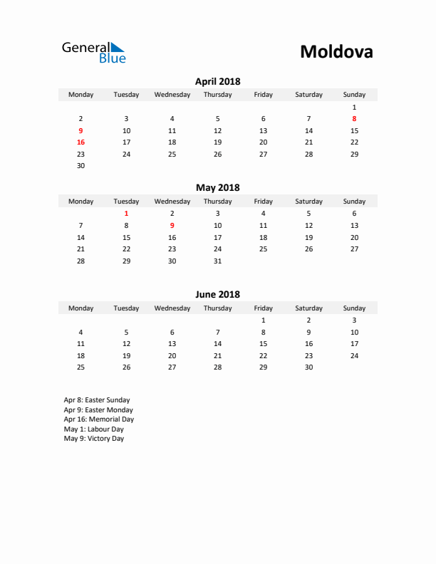 Printable Quarterly Calendar with Notes and Moldova Holidays- Q2 of 2018