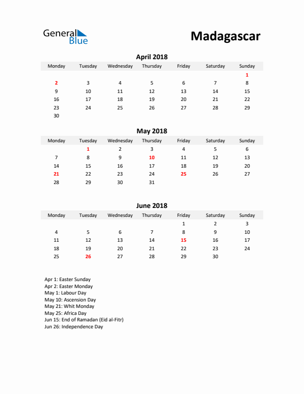 Printable Quarterly Calendar with Notes and Madagascar Holidays- Q2 of 2018