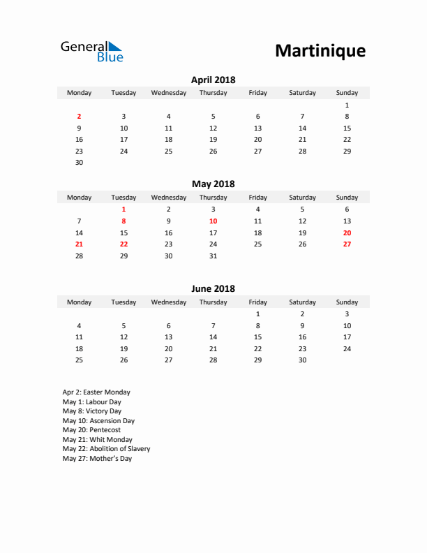 Printable Quarterly Calendar with Notes and Martinique Holidays- Q2 of 2018