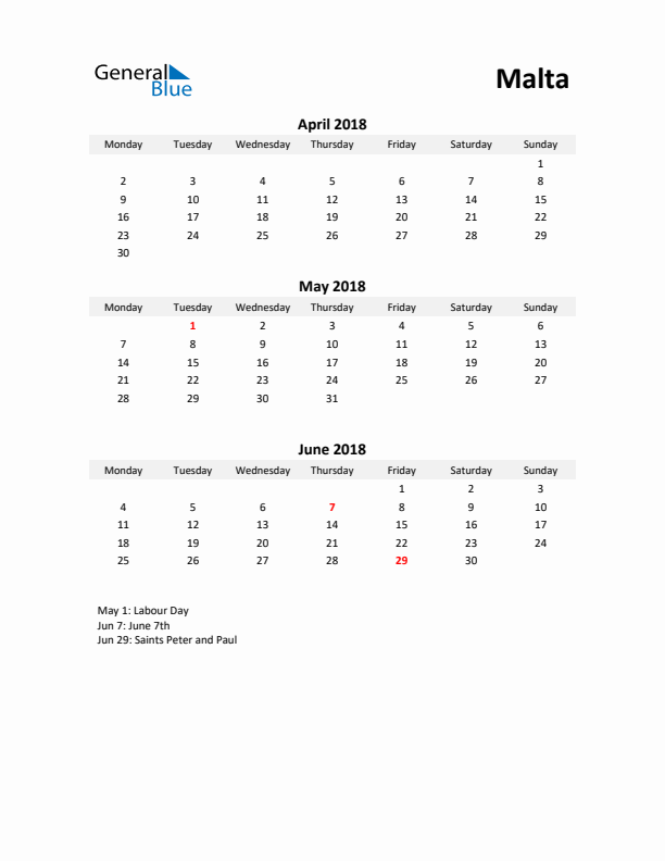 Printable Quarterly Calendar with Notes and Malta Holidays- Q2 of 2018