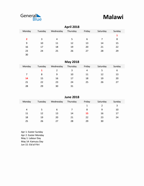 Printable Quarterly Calendar with Notes and Malawi Holidays- Q2 of 2018