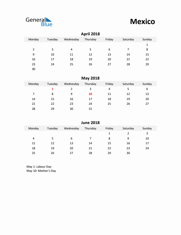 Printable Quarterly Calendar with Notes and Mexico Holidays- Q2 of 2018