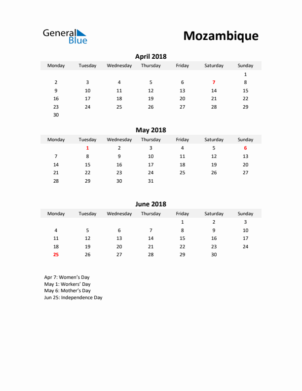 Printable Quarterly Calendar with Notes and Mozambique Holidays- Q2 of 2018