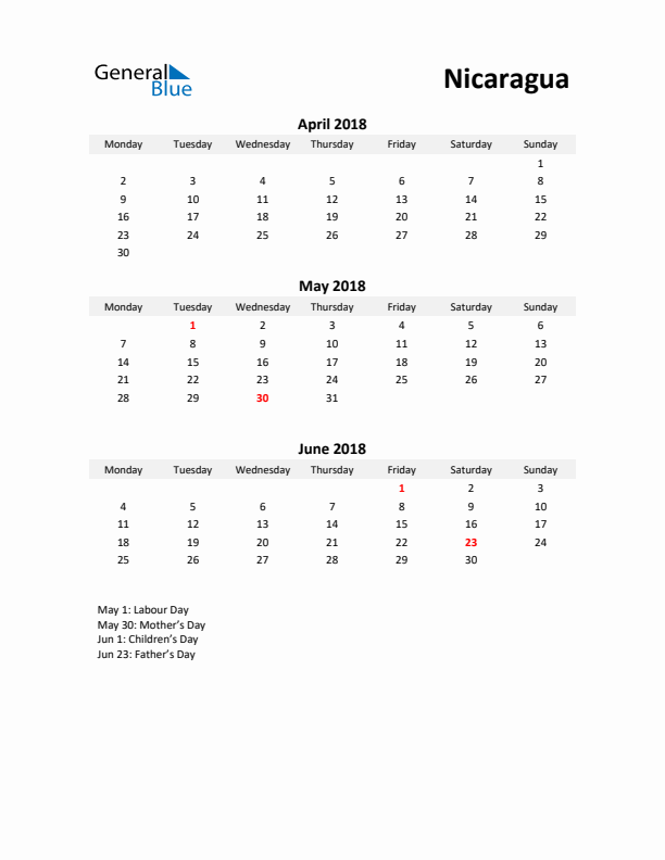 Printable Quarterly Calendar with Notes and Nicaragua Holidays- Q2 of 2018