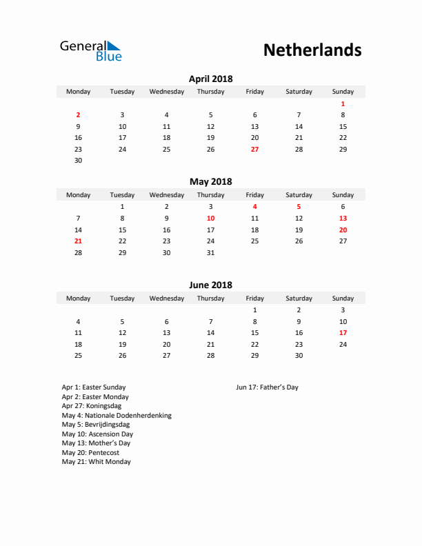 Printable Quarterly Calendar with Notes and The Netherlands Holidays- Q2 of 2018