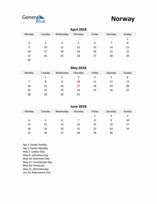 Printable Quarterly Calendar with Notes and Norway Holidays- Q2 of 2018