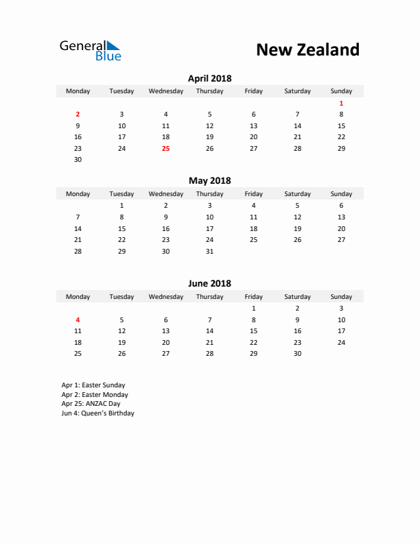 Printable Quarterly Calendar with Notes and New Zealand Holidays- Q2 of 2018