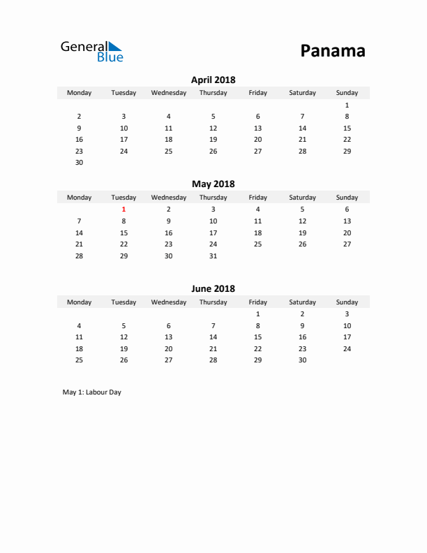 Printable Quarterly Calendar with Notes and Panama Holidays- Q2 of 2018