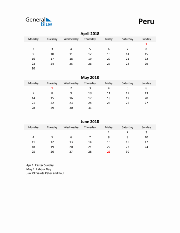 Printable Quarterly Calendar with Notes and Peru Holidays- Q2 of 2018