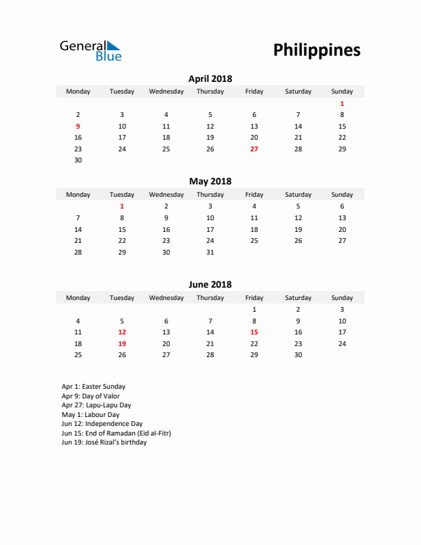 Printable Quarterly Calendar with Notes and Philippines Holidays- Q2 of 2018