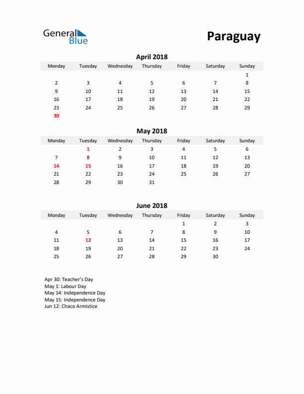 Printable Quarterly Calendar with Notes and Paraguay Holidays- Q2 of 2018