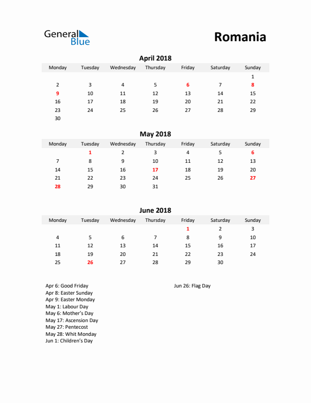 Printable Quarterly Calendar with Notes and Romania Holidays- Q2 of 2018