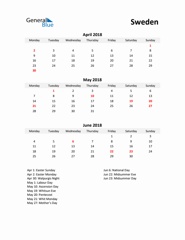 Printable Quarterly Calendar with Notes and Sweden Holidays- Q2 of 2018