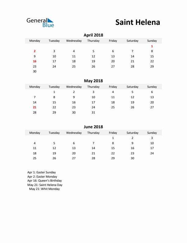 Printable Quarterly Calendar with Notes and Saint Helena Holidays- Q2 of 2018