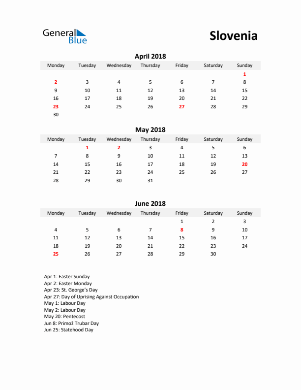 Printable Quarterly Calendar with Notes and Slovenia Holidays- Q2 of 2018