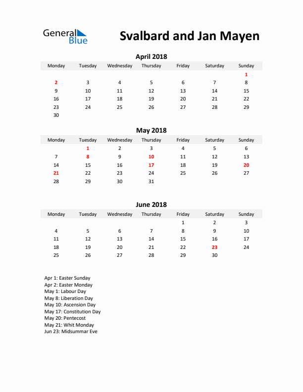 Printable Quarterly Calendar with Notes and Svalbard and Jan Mayen Holidays- Q2 of 2018