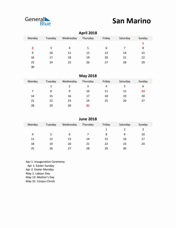 Printable Quarterly Calendar with Notes and San Marino Holidays- Q2 of 2018