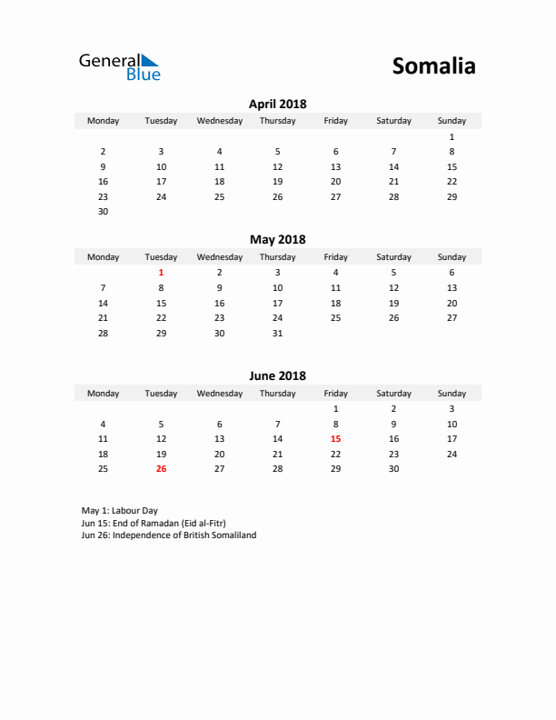 Printable Quarterly Calendar with Notes and Somalia Holidays- Q2 of 2018