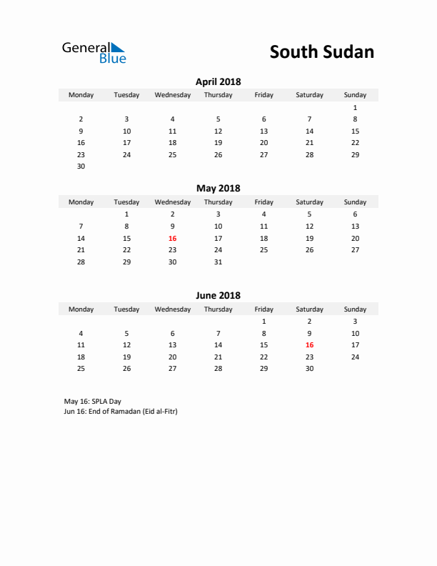 Printable Quarterly Calendar with Notes and South Sudan Holidays- Q2 of 2018