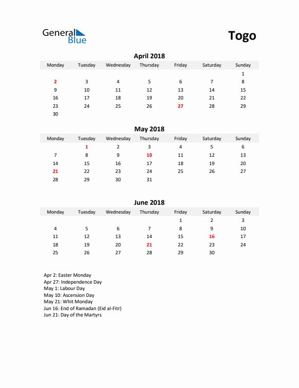 Printable Quarterly Calendar with Notes and Togo Holidays- Q2 of 2018