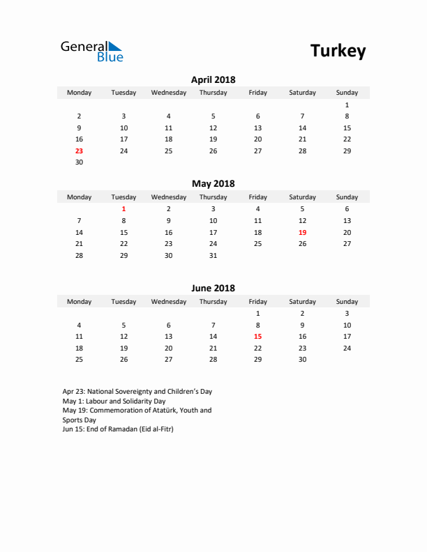 Printable Quarterly Calendar with Notes and Turkey Holidays- Q2 of 2018