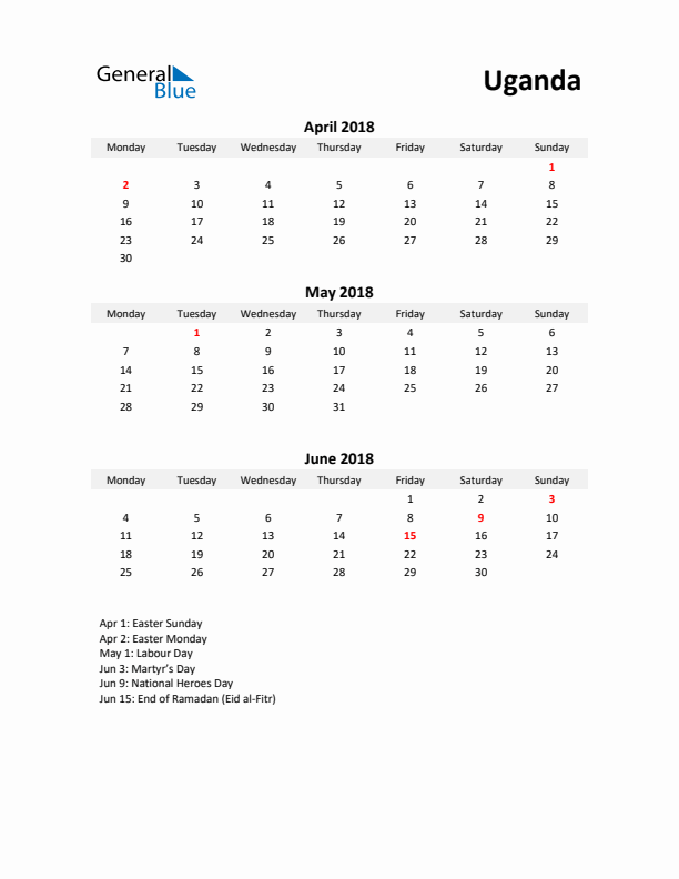 Printable Quarterly Calendar with Notes and Uganda Holidays- Q2 of 2018