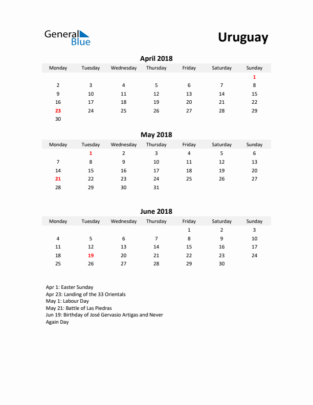 Printable Quarterly Calendar with Notes and Uruguay Holidays- Q2 of 2018