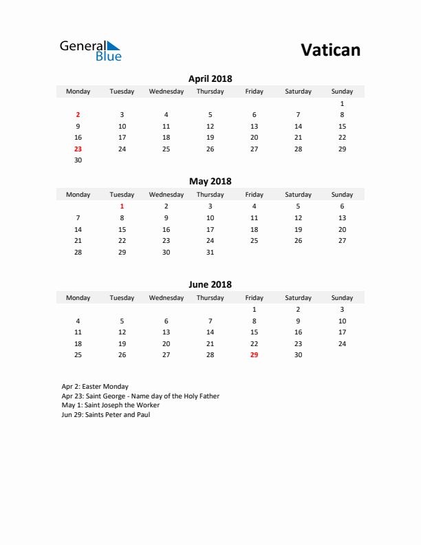 Printable Quarterly Calendar with Notes and Vatican Holidays- Q2 of 2018