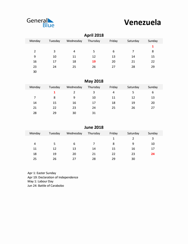 Printable Quarterly Calendar with Notes and Venezuela Holidays- Q2 of 2018