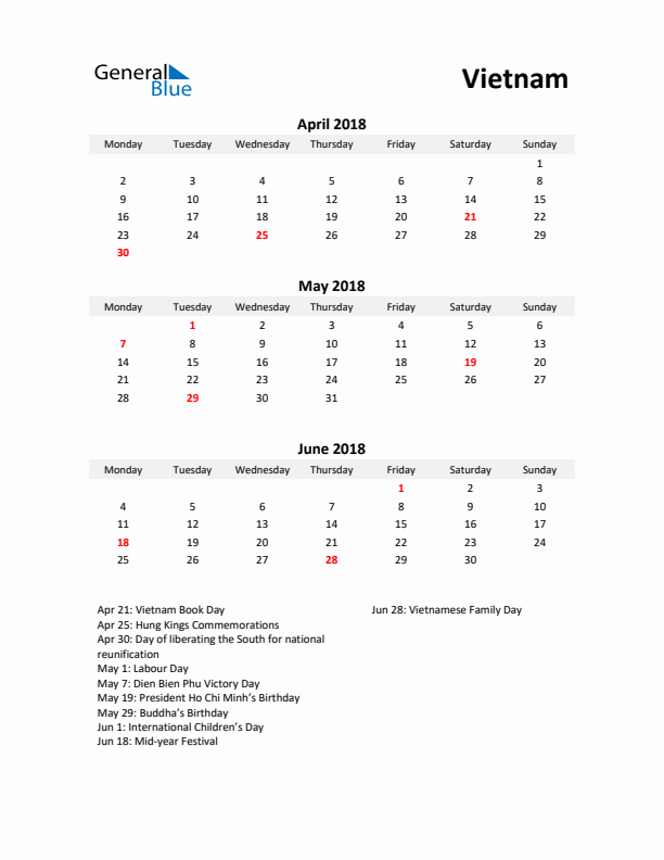 Printable Quarterly Calendar with Notes and Vietnam Holidays- Q2 of 2018