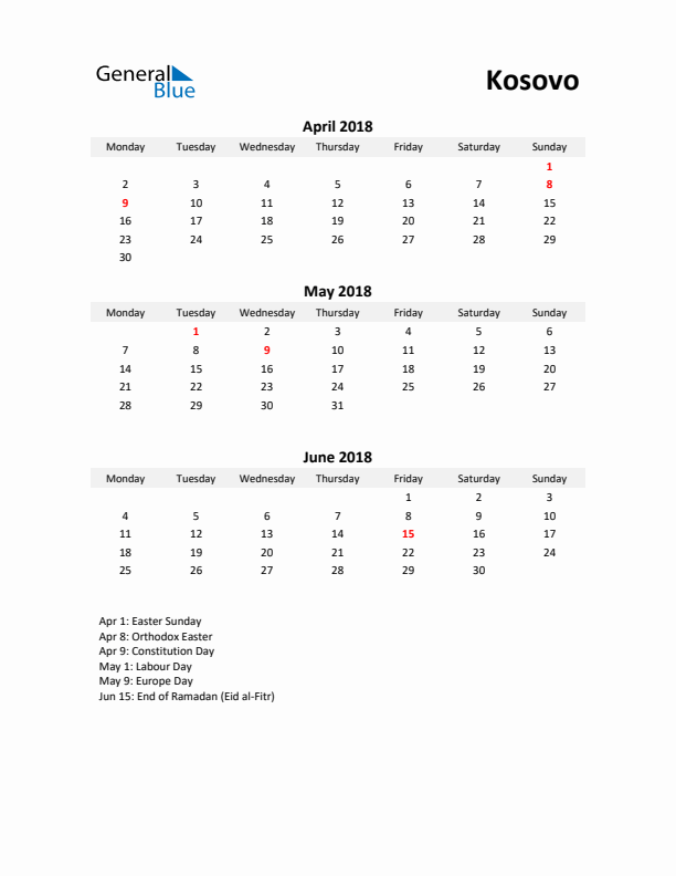 Printable Quarterly Calendar with Notes and Kosovo Holidays- Q2 of 2018