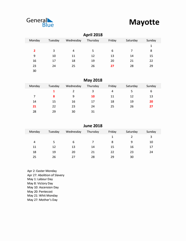 Printable Quarterly Calendar with Notes and Mayotte Holidays- Q2 of 2018