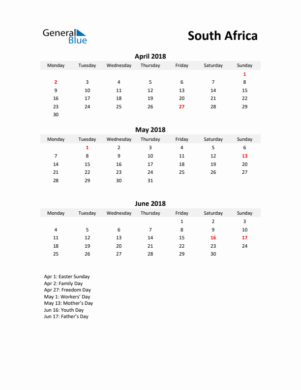 Printable Quarterly Calendar with Notes and South Africa Holidays- Q2 of 2018