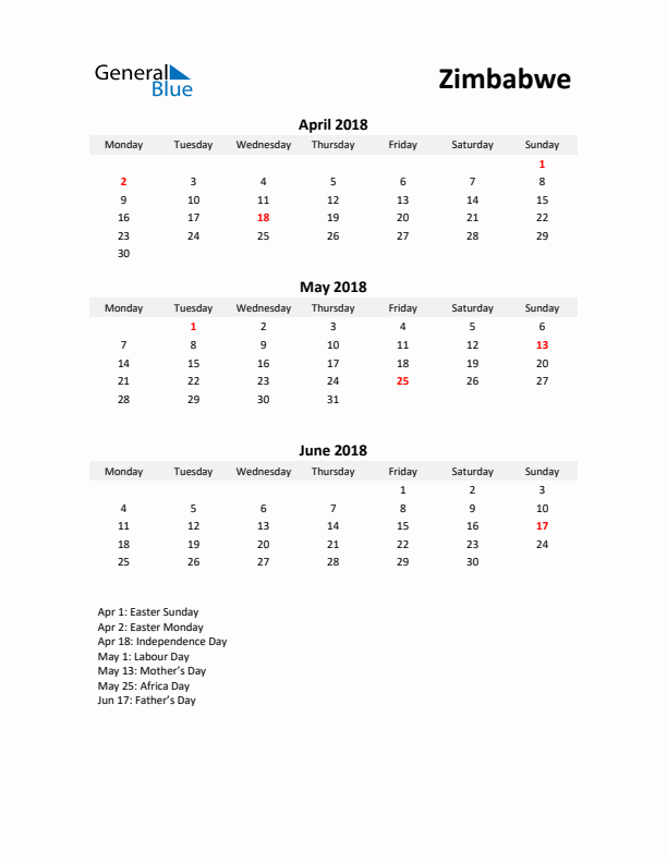 Printable Quarterly Calendar with Notes and Zimbabwe Holidays- Q2 of 2018