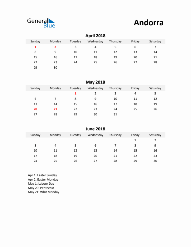 Printable Quarterly Calendar with Notes and Andorra Holidays- Q2 of 2018