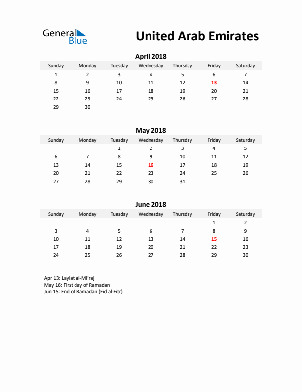 Printable Quarterly Calendar with Notes and United Arab Emirates Holidays- Q2 of 2018