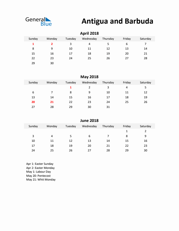 Printable Quarterly Calendar with Notes and Antigua and Barbuda Holidays- Q2 of 2018