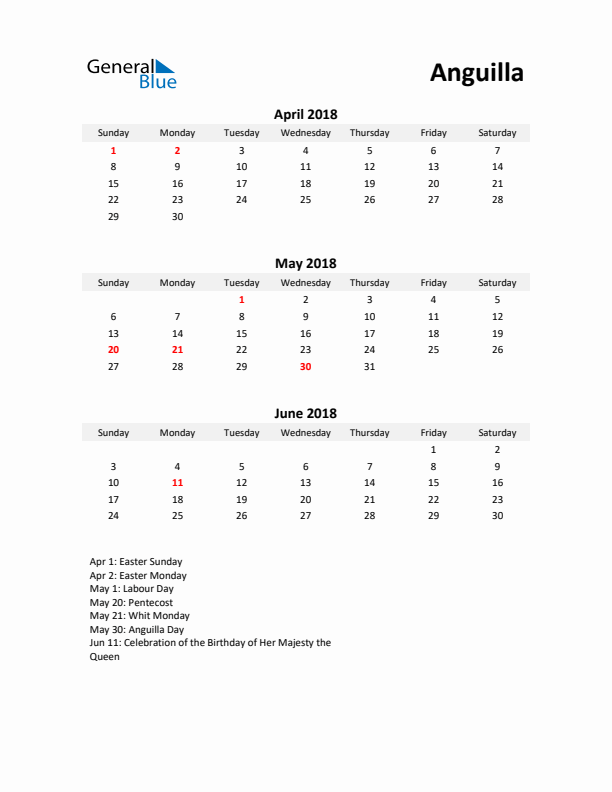 Printable Quarterly Calendar with Notes and Anguilla Holidays- Q2 of 2018