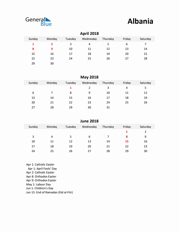 Printable Quarterly Calendar with Notes and Albania Holidays- Q2 of 2018