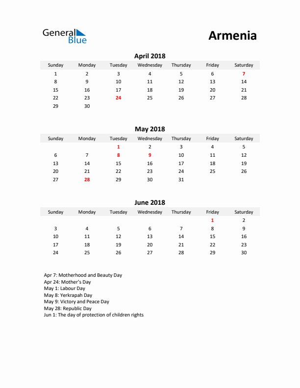 Printable Quarterly Calendar with Notes and Armenia Holidays- Q2 of 2018