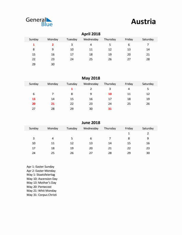 Printable Quarterly Calendar with Notes and Austria Holidays- Q2 of 2018