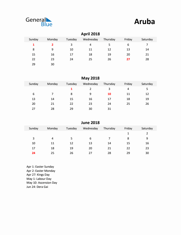 Printable Quarterly Calendar with Notes and Aruba Holidays- Q2 of 2018