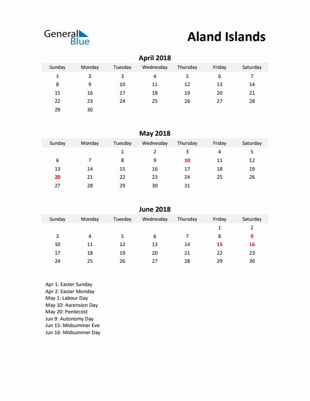 Printable Quarterly Calendar with Notes and Aland Islands Holidays- Q2 of 2018