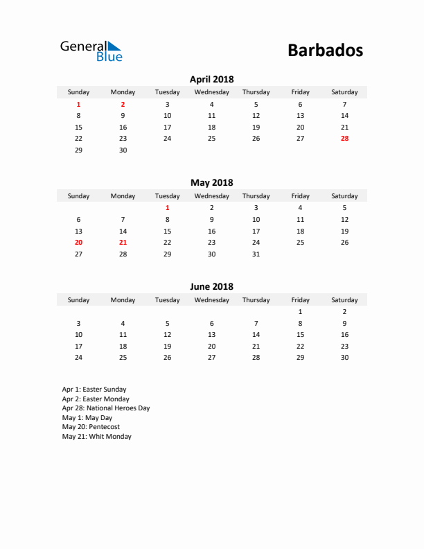 Printable Quarterly Calendar with Notes and Barbados Holidays- Q2 of 2018