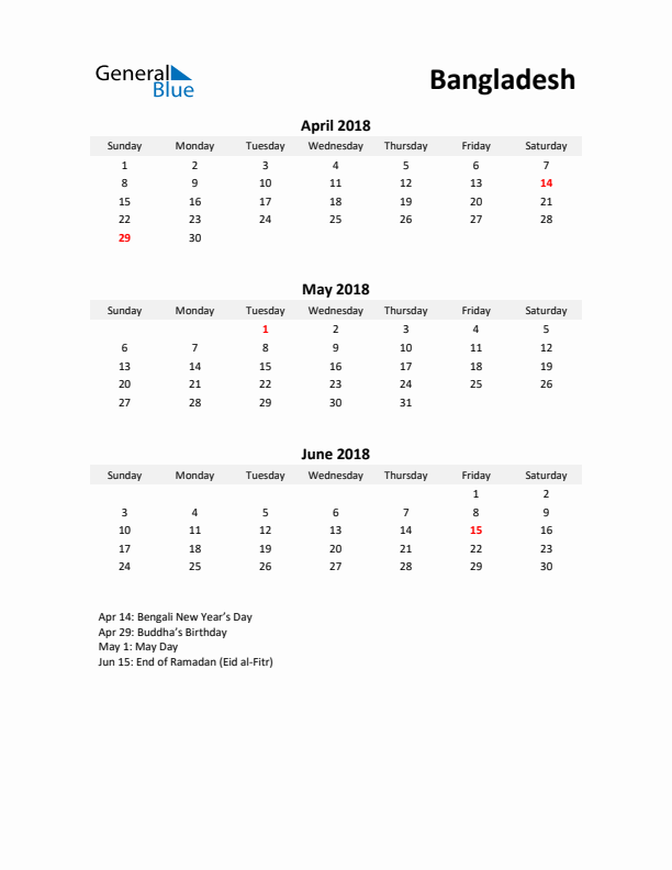 Printable Quarterly Calendar with Notes and Bangladesh Holidays- Q2 of 2018