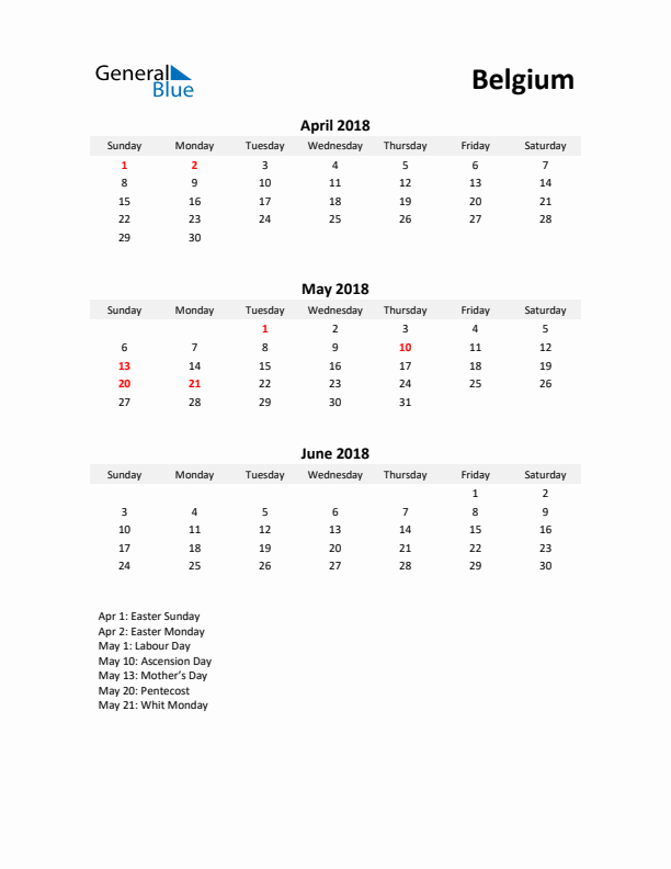 Printable Quarterly Calendar with Notes and Belgium Holidays- Q2 of 2018