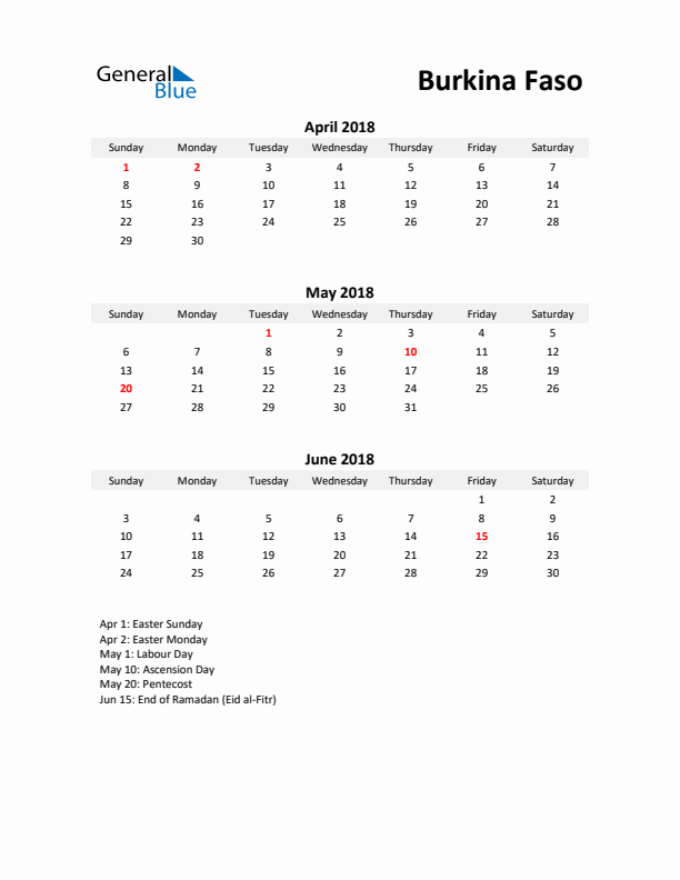 Printable Quarterly Calendar with Notes and Burkina Faso Holidays- Q2 of 2018